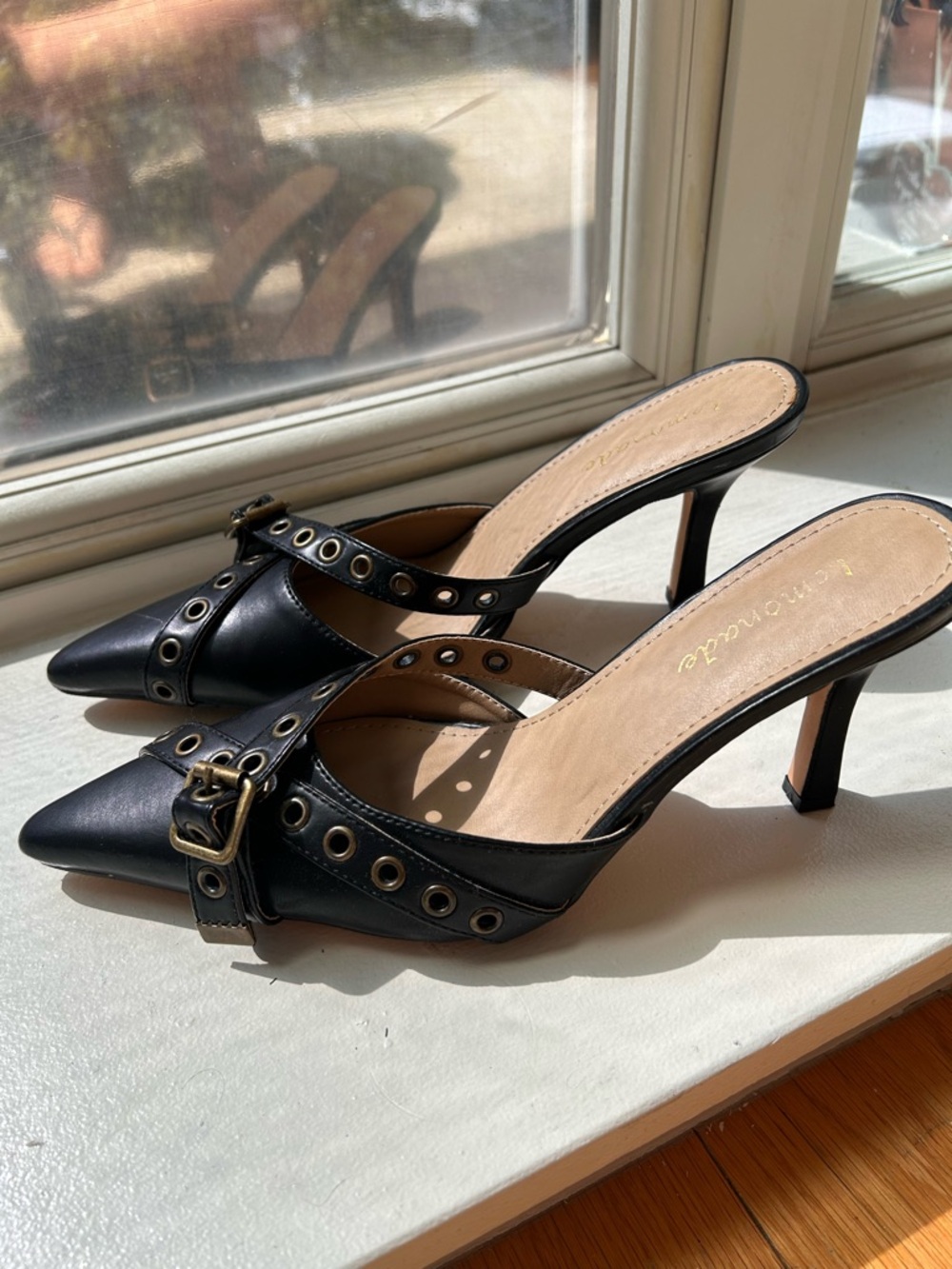 Black Pointed Toe Grommet Buckle Heeled Mules